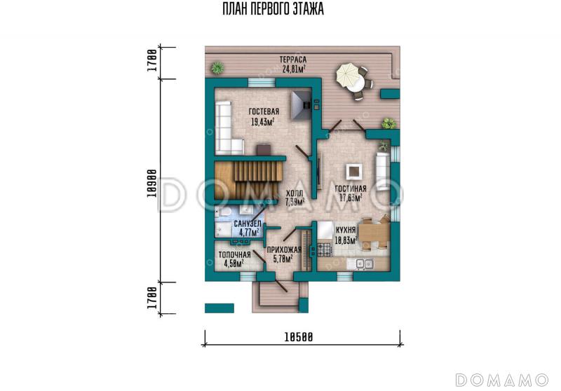 Проект загородного дома с 3 спальнями на мансарде, камином в гостевой комнате и крытой террасой / План 1 этажа