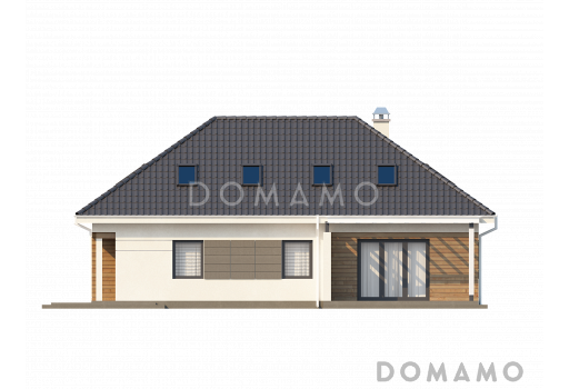 Проект одноэтажного мансардного дома из кирпича с гостевой спальней и кабинетом на первом этаже и встроенным гаражом / Фасад 3