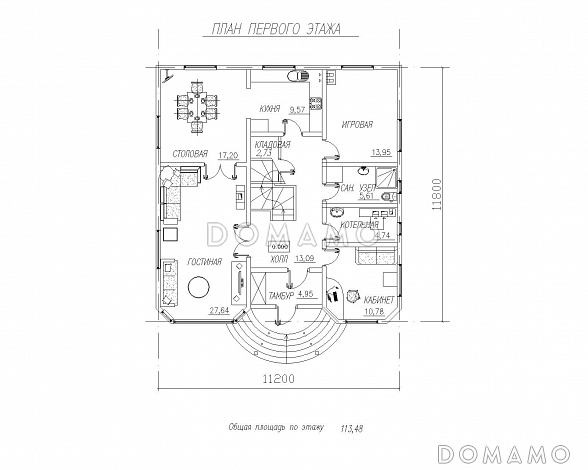 Двухэтажный дом с двумя эркерами / План 1 этажа Двухэтажный дом с двумя эркерами / План 1 этажа