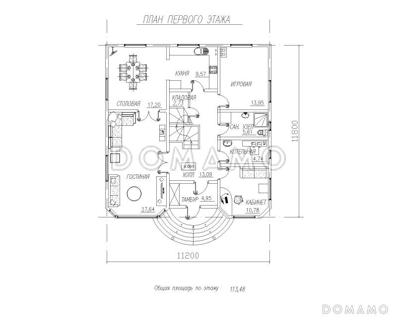 Двухэтажный дом с двумя эркерами / План 1 этажа