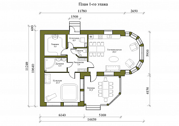 Проект бани с верандой и кухней-гостиной / План 1 этажа Проект бани с верандой и кухней-гостиной / План 1 этажа