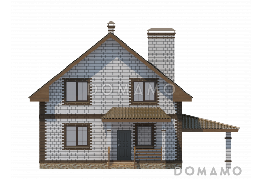 Проект компактного коттеджа с мансардным этажом и навесом под автомобиль, с наличием сауны / Фасад 1