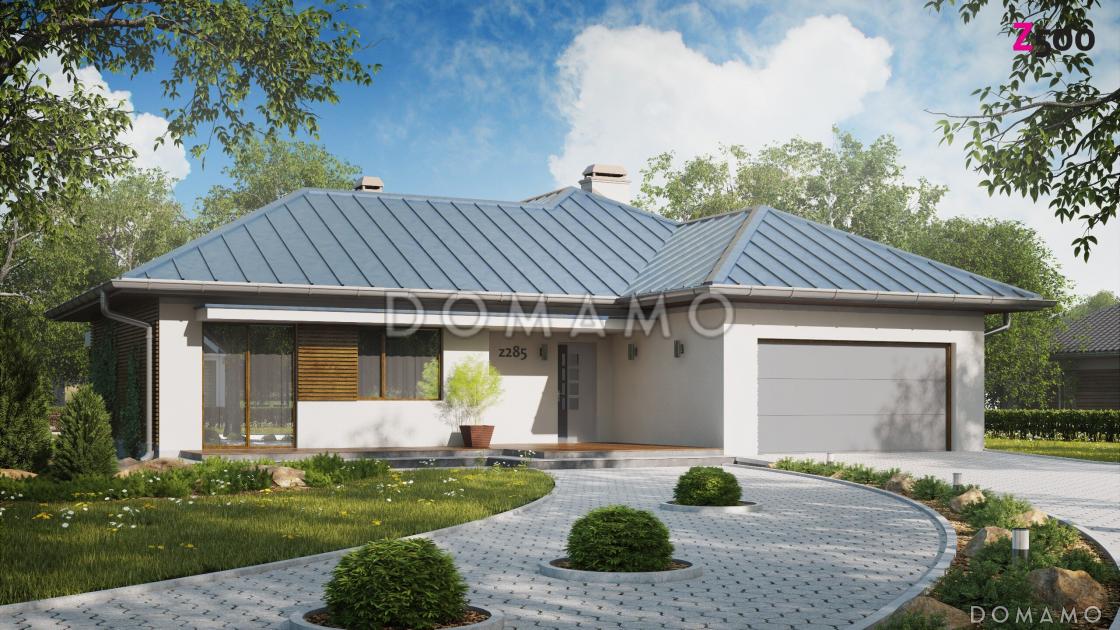 Проект одноэтажного дома из газобетона с большой угловой террасой и гаражом на два автомобиля / 1