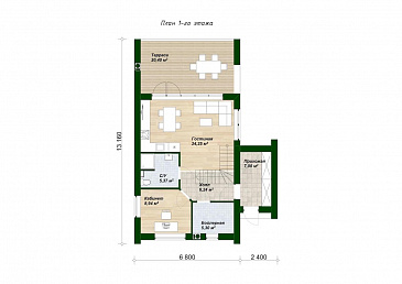 Проект двухэтажного дома из газобетона в стиле барнхаус с панорамными окнами в гостиной / План 1 этажа Проект двухэтажного дома из газобетона в стиле барнхаус с панорамными окнами в гостиной / План 1 этажа
