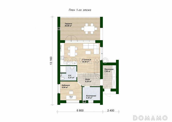 Проект двухэтажного дома из газобетона в стиле барнхаус с панорамными окнами в гостиной / План 1 этажа Проект двухэтажного дома из газобетона в стиле барнхаус с панорамными окнами в гостиной / План 1 этажа