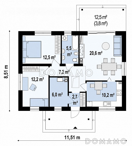 Проект компактного одноэтажного дома из кирпича с двумя спальнями, техническим помещением и изолированной кухней / План 1 этажа Проект компактного одноэтажного дома из кирпича с двумя спальнями, техническим помещением и изолированной кухней / План 1 этажа