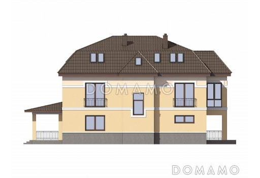 Проект двухэтажного особняка из газобетона с мансардой, балконом и террасой / Фасад 3