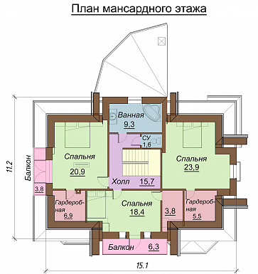 Проект одноэтажного дома с мансардным и цокольным этажами, с двумя эркерами / План мансардного этажа Проект одноэтажного дома с мансардным и цокольным этажами, с двумя эркерами / План мансардного этажа