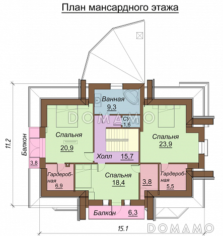 Проект одноэтажного дома с мансардным и цокольным этажами, с двумя эркерами / План мансардного этажа Проект одноэтажного дома с мансардным и цокольным этажами, с двумя эркерами / План мансардного этажа