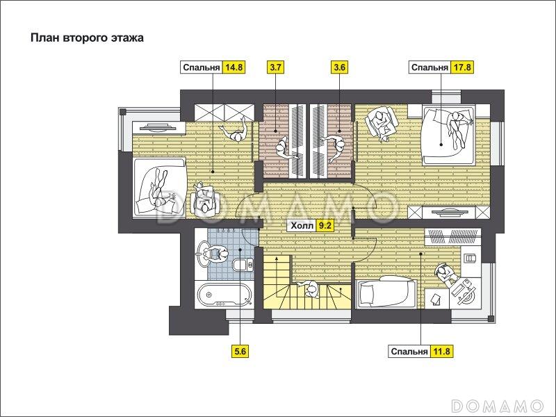 Проект дома с рациональной планировкой, крытой террасой, большой гостиной, котельной, / План 2 этажа