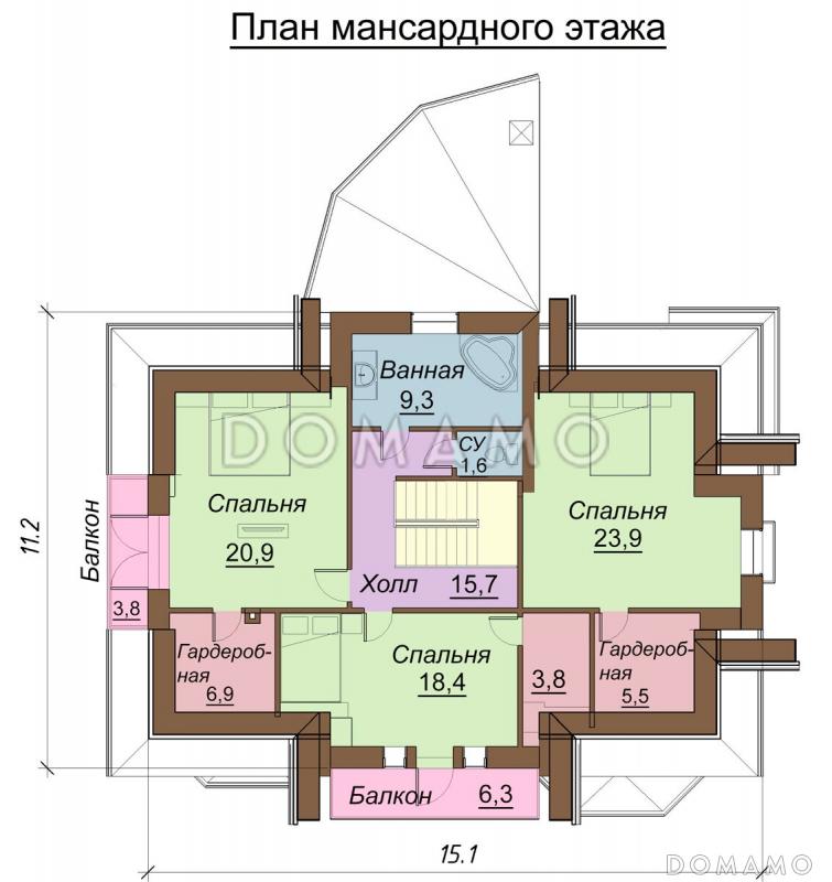 Проект одноэтажного дома с мансардным и цокольным этажами, с двумя эркерами / План мансардного этажа