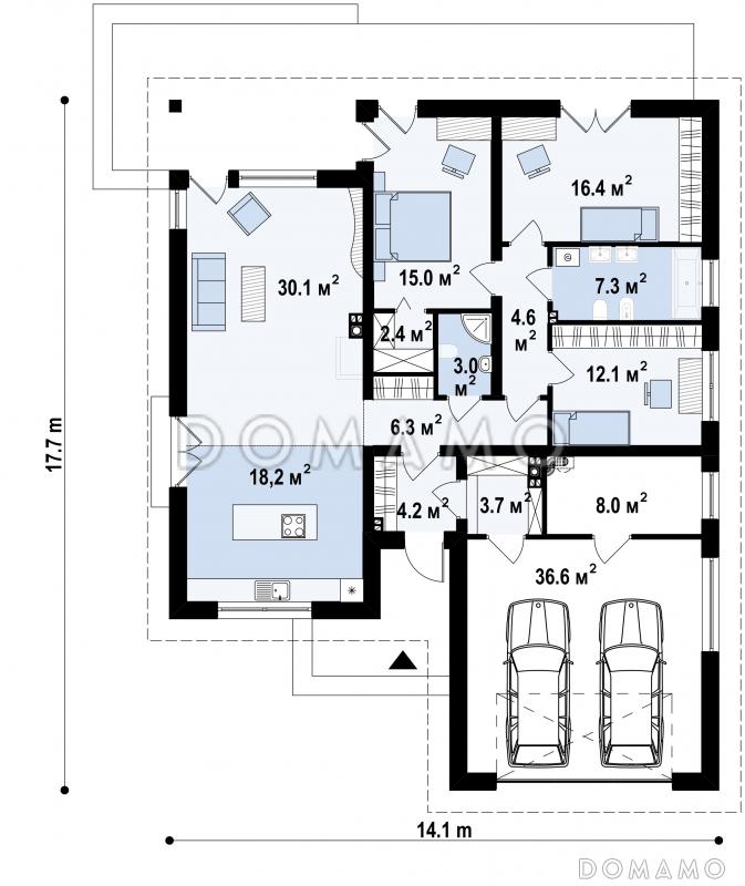 Проект современного одноэтажного дома из кирпича с тремя спальнями и большим фронтальным гаражом, с изменённой крышей и крытой террасой / План 1 этажа