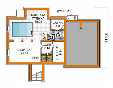 Проект дома из пеноблоков с бассейном, спортзалом и небольшой сауной / План цокольного этажа Проект дома из пеноблоков с бассейном, спортзалом и небольшой сауной / План цокольного этажа