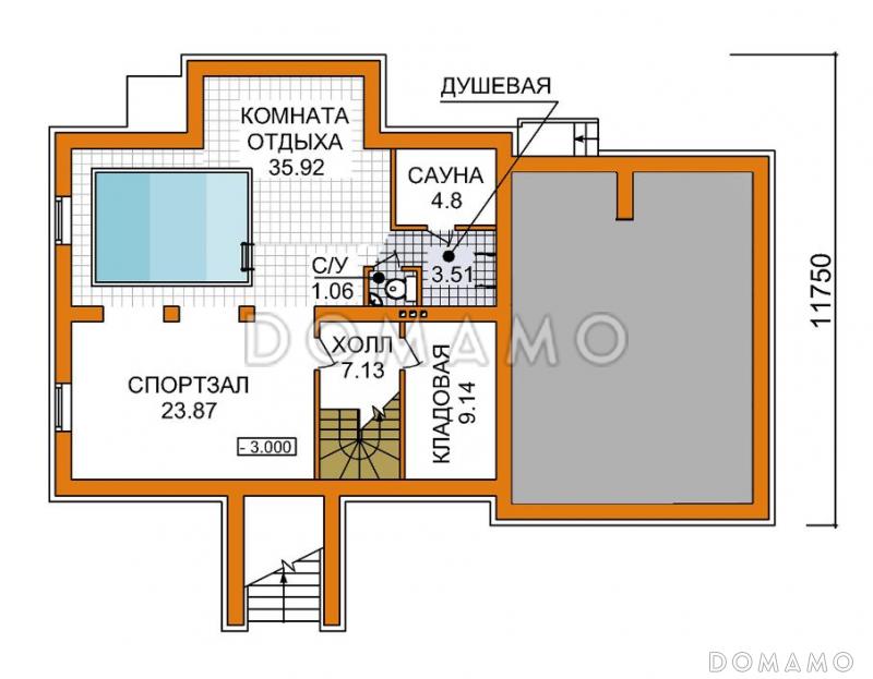 Проект дома из пеноблоков с бассейном, спортзалом и небольшой сауной / План цокольного этажа