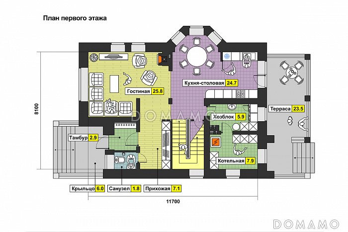 Частный дом с эркером, крытой террасой, балконом, большой кладовой на мансарде / План 1 этажа Частный дом с эркером, крытой террасой, балконом, большой кладовой на мансарде / План 1 этажа