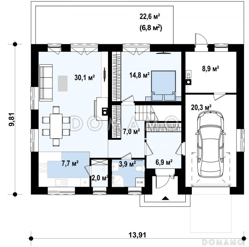 Проект одноэтажного мансардного дома из газобетона простой формы с кабинетом и встроенным гаражом / План 1 этажа