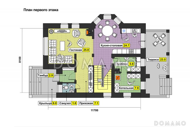Частный дом с эркером, крытой террасой, балконом, большой кладовой на мансарде / План 1 этажа