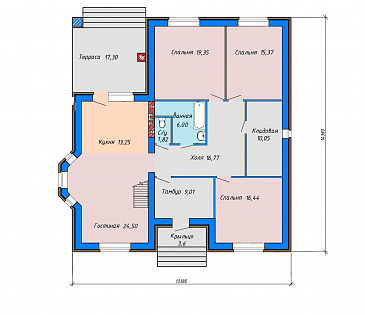 Проект одноэтажного дома с эркером в гостиной, крытой террасой с камином, большой кладовой с окном / План 1 этажа Проект одноэтажного дома с эркером в гостиной, крытой террасой с камином, большой кладовой с окном / План 1 этажа