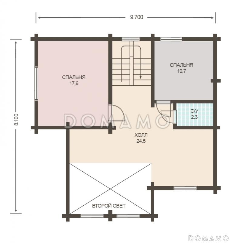 Проект деревянного дома из клееного бруса с просторной прихожей / План мансардного этажа