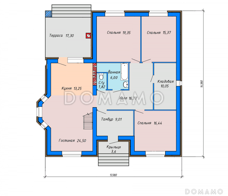 Проект одноэтажного дома с эркером в гостиной, крытой террасой с камином, большой кладовой с окном / План 1 этажа