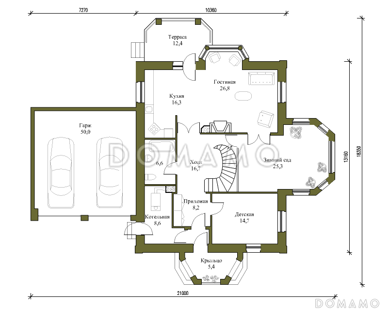 Проект большого коттеджа с зимним садом и гаражом / План 1 этажа