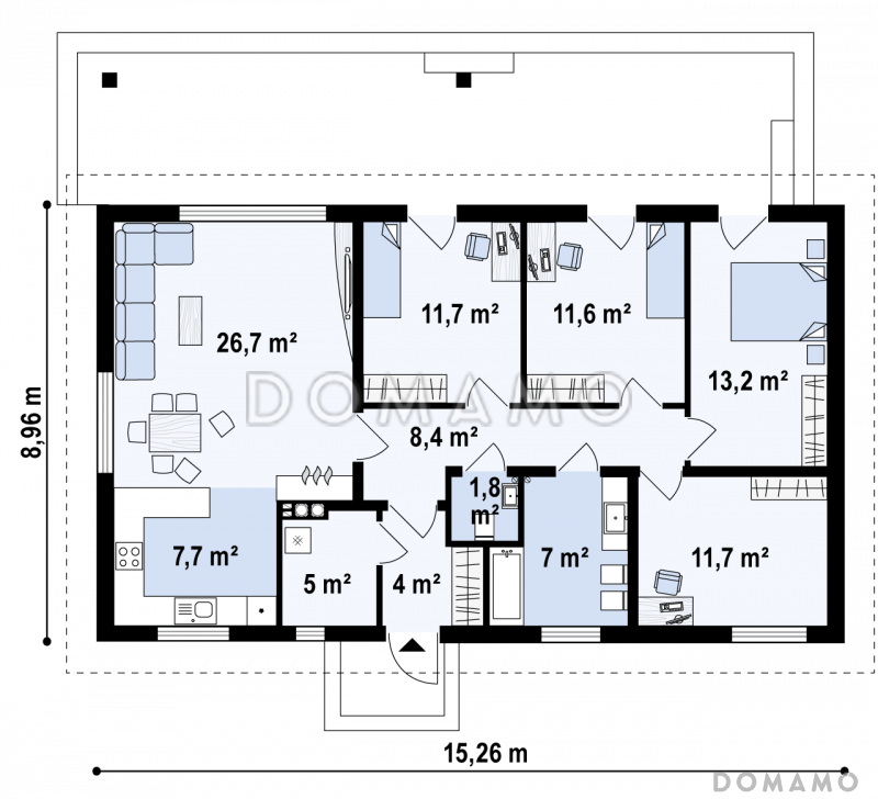 Проект комфортного одноэтажного дома из кирпича с четырьмя спальнями / План 1 этажа