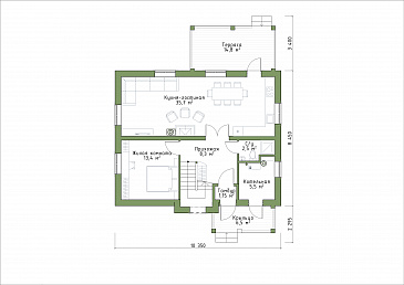 Проект коттеджа с просторной кухней-гостиной и террасой. / План 1 этажа