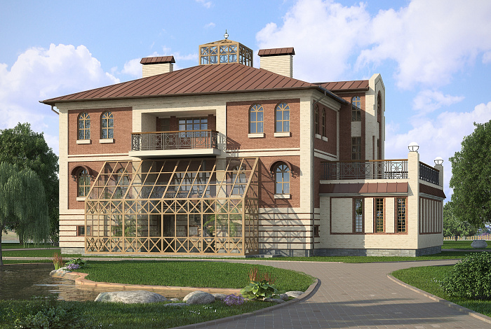Проект кирпичного дома с воздушной оранжереей