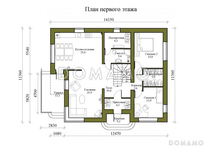 Проект двухэтажного дома из газобетона с двускатной крышей с подвалом, террасой и балконом / План 1 этажа