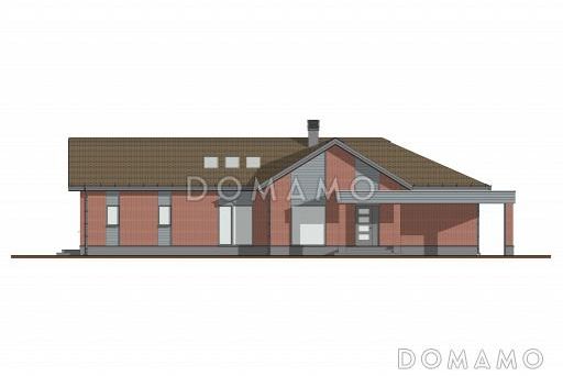Проект дома из газобетона с сауной, 3 спальнями, террасой барбекю и навесом на 2 машины / Фасад 3