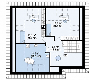 Проект мансардного дома из кирпича с двумя спальнями на первом этаже и двумя на мансарде / План мансардного этажа Проект мансардного дома из кирпича с двумя спальнями на первом этаже и двумя на мансарде / План мансардного этажа