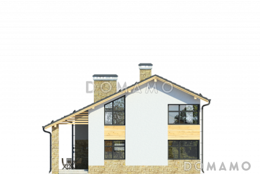 Частный дом с крытой террасой, гаражом на 1 машину, спальней на первом этаже, гостиной на первом и мансардном этаже / Фасад 1