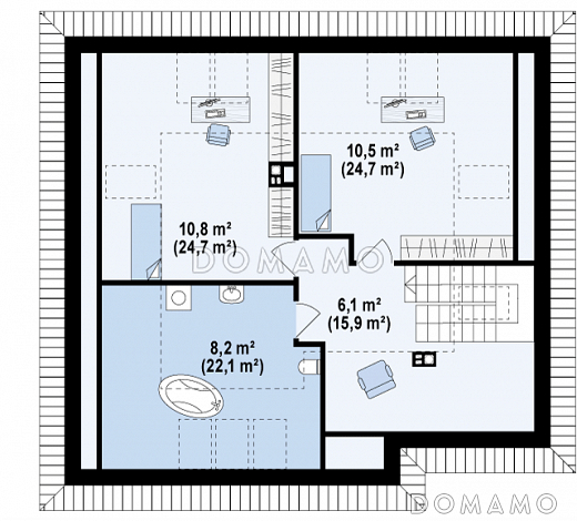 Проект мансардного дома из кирпича с двумя спальнями на первом этаже и двумя на мансарде / План мансардного этажа Проект мансардного дома из кирпича с двумя спальнями на первом этаже и двумя на мансарде / План мансардного этажа