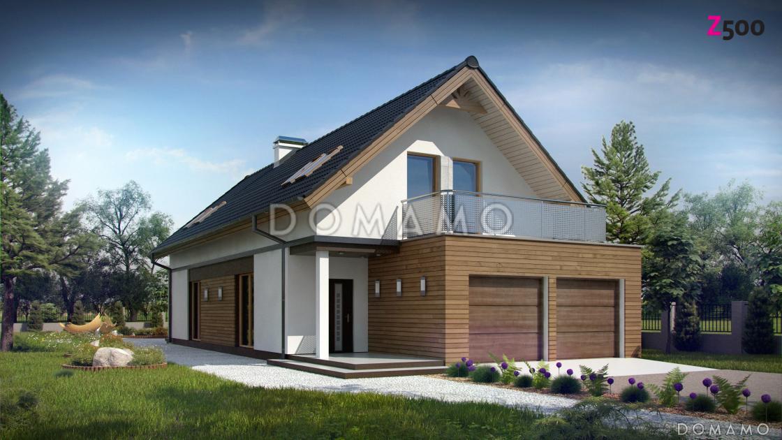 Проект одноэтажного мансардного дома из газобетона с гаражом на два автомобиля и террасой над гаражом  / 1