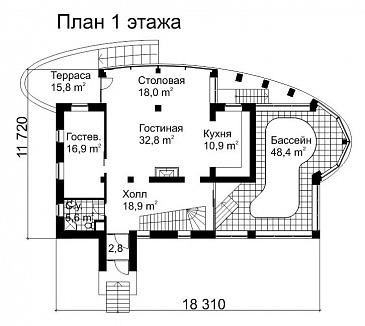 Проект современного дома из кирпича с панорамным остеклением / План 1 этажа Проект современного дома из кирпича с панорамным остеклением / План 1 этажа