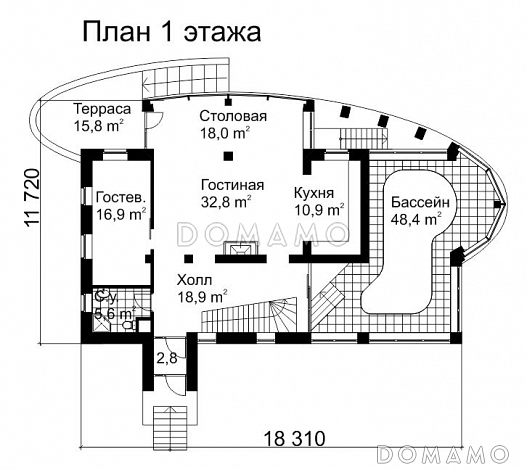 Проект современного дома из кирпича с панорамным остеклением / План 1 этажа Проект современного дома из кирпича с панорамным остеклением / План 1 этажа