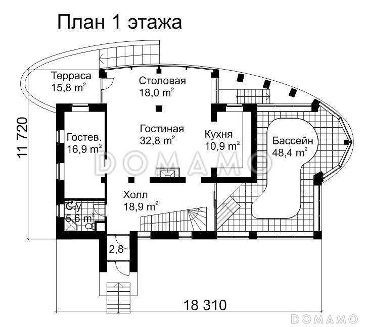 Проект современного дома из кирпича с панорамным остеклением / План 1 этажа