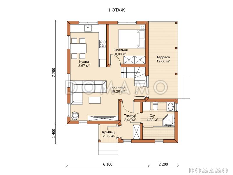 Каркасный дом "Куб" / План 1 этажа
