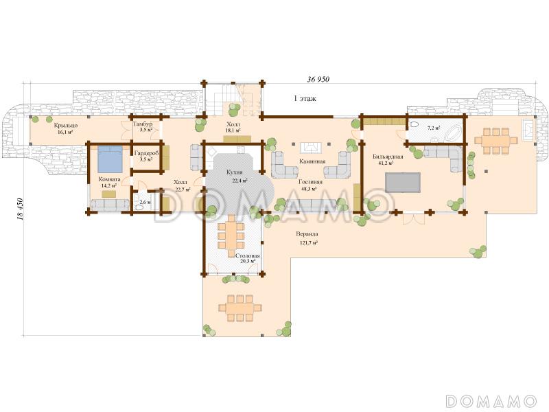 Проект двухэтажного дома из клееного бруса с большой кухней-столовой / План 1 этажа