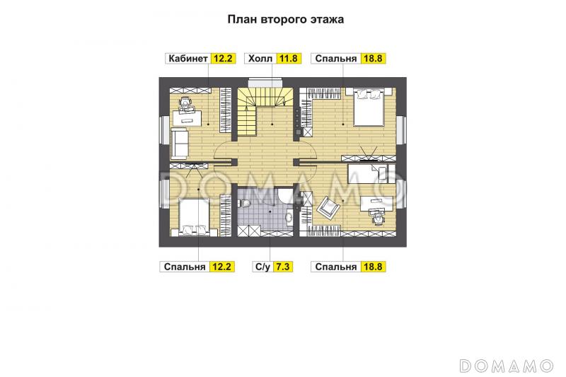 Проект дома с двумя спальнями на первом этаже, эркером, крытой террасой / План мансардного этажа