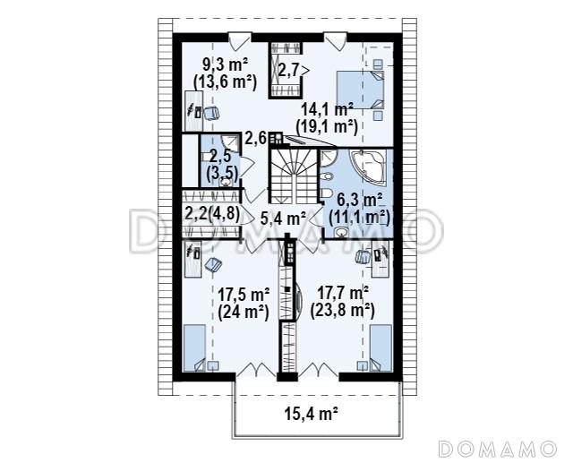Проект одноэтажного мансардного дома из газобетона с крытой угловой террасой и большой открытой террасой над гаражом / План мансардного этажа