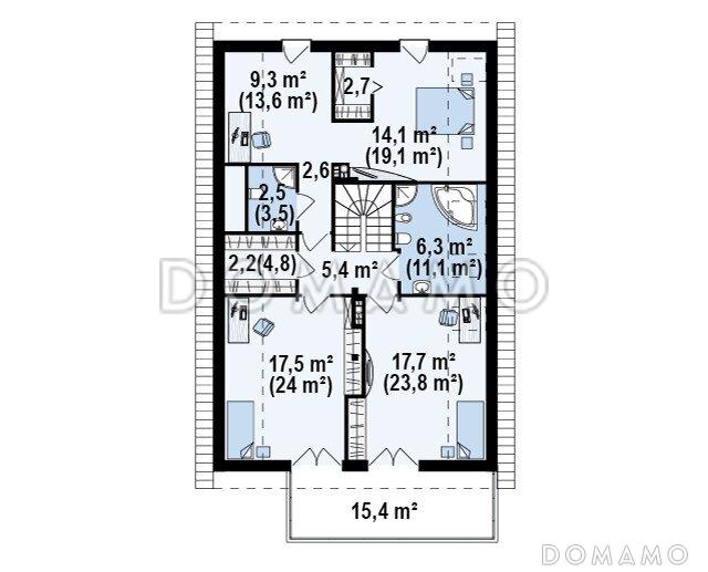 Проект одноэтажного мансардного дома из газобетона с крытой угловой террасой и большой открытой террасой над гаражом / План мансардного этажа