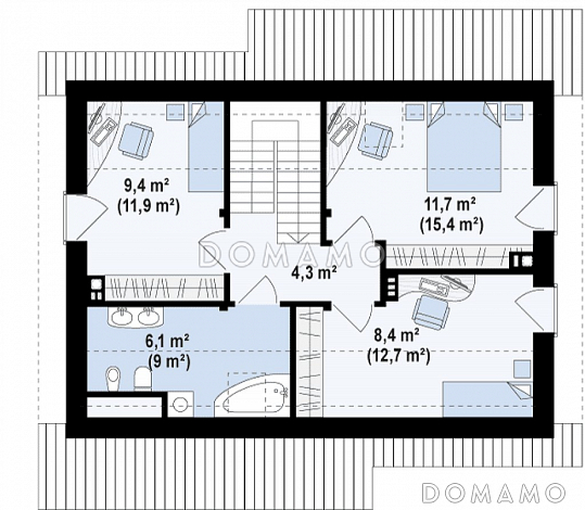 Проект компактного одноэтажного мансардного дома из кирпича с кабинетом и тремя спальнями и большой котельной / План мансардного этажа