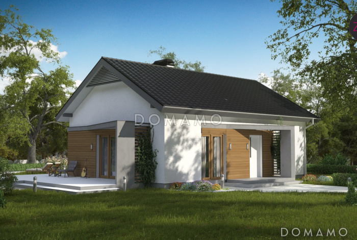 Проект компактного одноэтажного дома из кирпича с двумя спальнями, светлой дневной зоной и кладовой рядом с кухней Проект компактного одноэтажного дома из кирпича с двумя спальнями, светлой дневной зоной и кладовой рядом с кухней