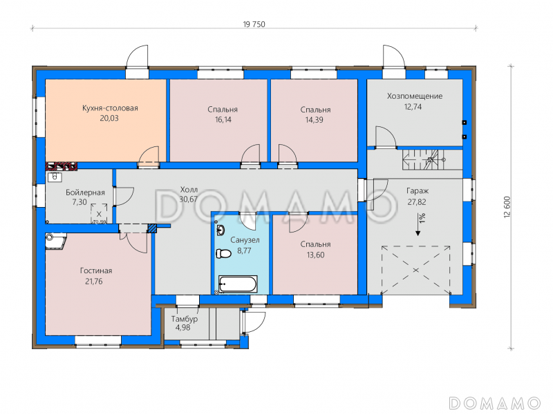 Проект дома с гаражом, хозпомещением, кухней-столовой с выходом во двор / План 1 этажа