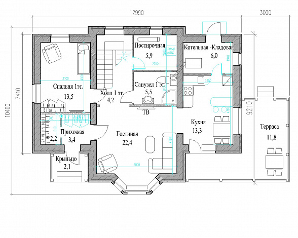 Проект полутораэтажного коттеджа с яркой облицовкой и открытой террасой / План 1 этажа