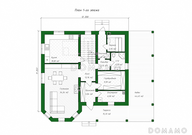 Проект дома из газобетона с эркером и навесом для автомобиля / План 1 этажа Проект дома из газобетона с эркером и навесом для автомобиля / План 1 этажа