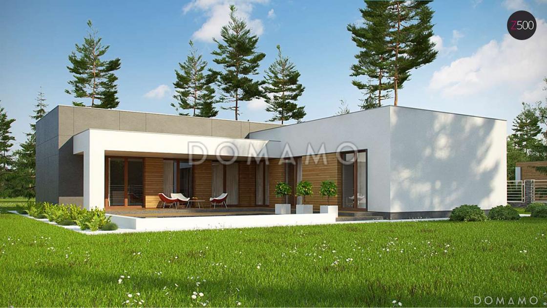 Проект современного одноэтажного дома из газобетона с плоской крышей, с большой угловой террасой и двухместным гаражом  / 3