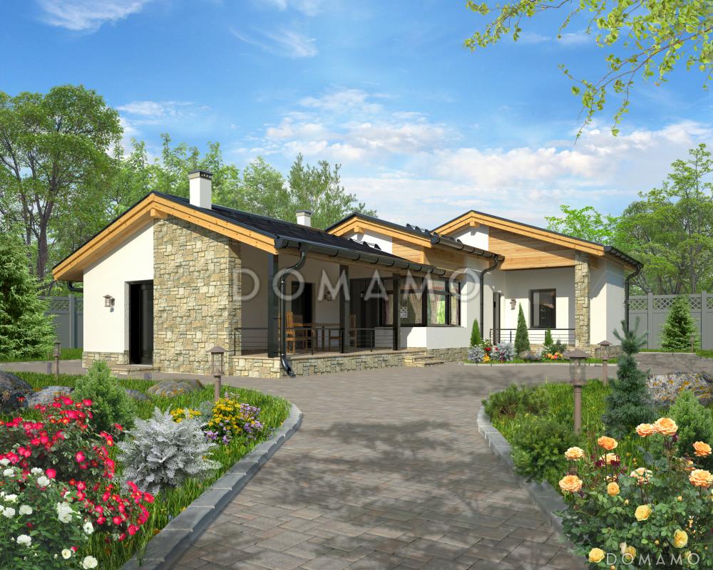 Проект одноэтажного дома по технологии ЛСТК с крытой террасой с барбекю, кладовой, хозблоком, гостиной с камином, парной и комнатой отдыха / 1