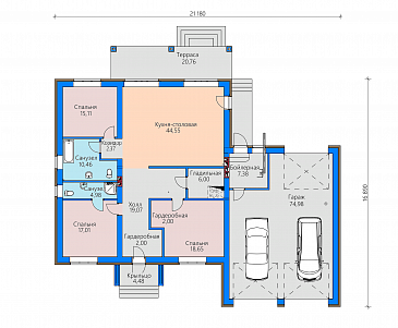 Проект дома с гаражом на две машины, террасой, большой кухней-столовой / План 1 этажа